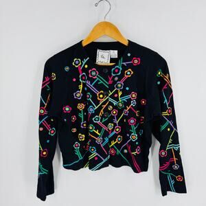 Michael Simon Lite Black Floral Embroidered Cardigan 100%‎ Cotton L